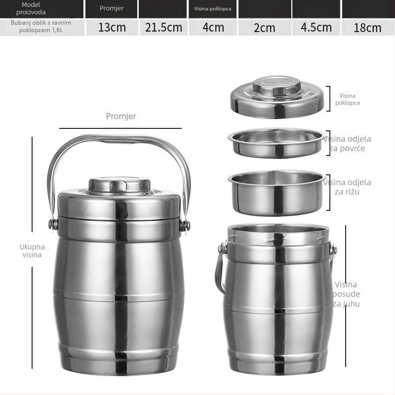 Kutija za ručak od nehrđajućeg čelika s vakuum izolacijom, oblik bubnja, kapacitet 2 L