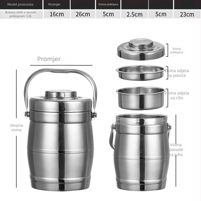Kutija za ručak od nehrđajućeg čelika s vakuum izolacijom, oblik bubnja, kapacitet 2 L