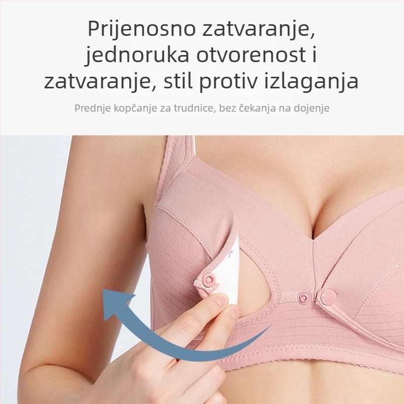 Pamukani dojiljni grudnjak s tankim oblikovanim košaricama, prednje otvaranje, bez žice, čipkasti rub, fiksne dvostruke naramenice