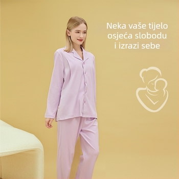 Materinstvo i postporođajno kućno odijelo od 100% pamuka, cardigan stil, s otvorom za dojenje, kvadratni izrez, dugi rukavi i hlače