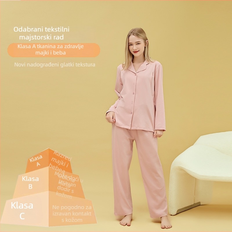 Materinstvo i postporođajno kućno odijelo od 100% pamuka, cardigan stil, s otvorom za dojenje, kvadratni izrez, dugi rukavi i hlače