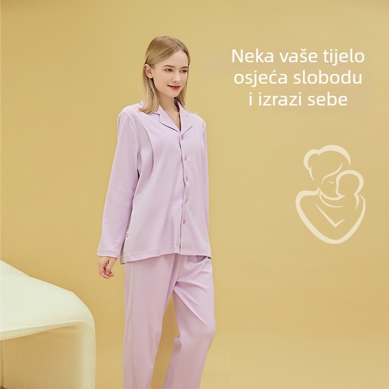 Materinstvo i postporođajno kućno odijelo od 100% pamuka, cardigan stil, s otvorom za dojenje, kvadratni izrez, dugi rukavi i hlače
