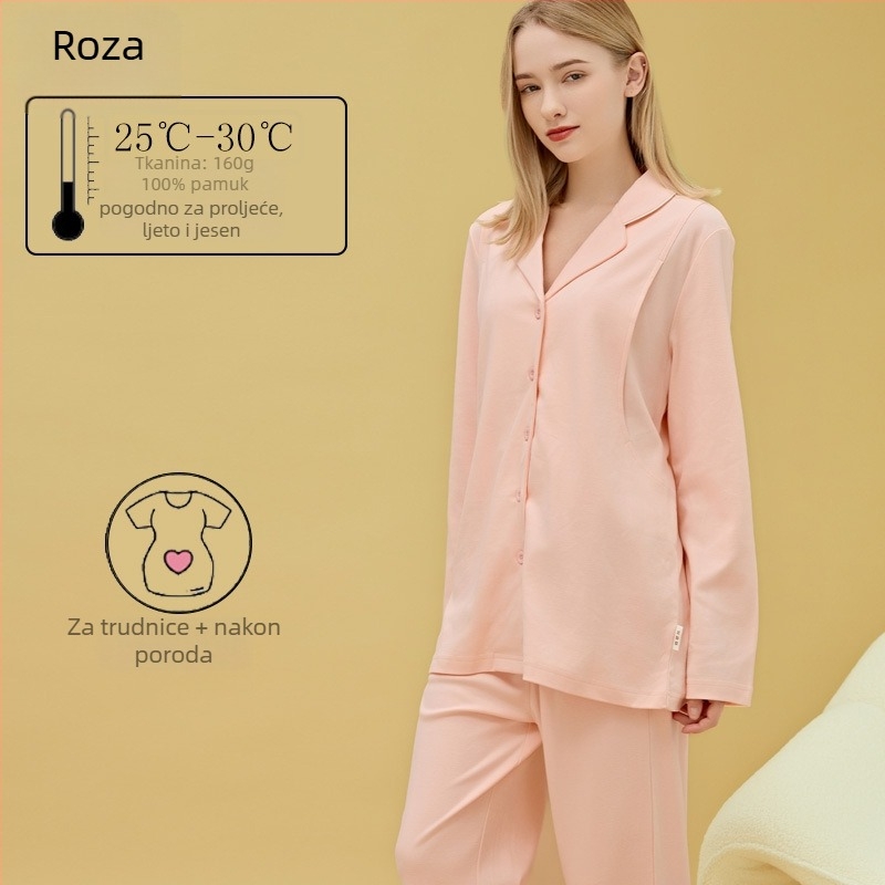 Materinstvo i postporođajno kućno odijelo od 100% pamuka, cardigan stil, s otvorom za dojenje, kvadratni izrez, dugi rukavi i hlače