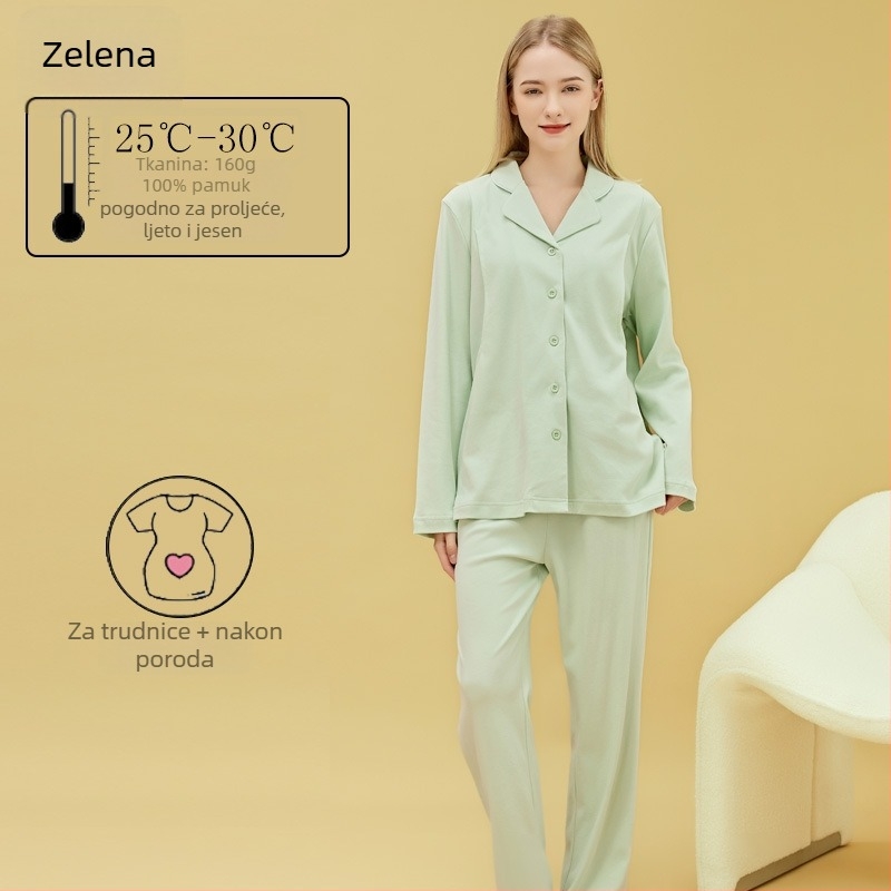 Materinstvo i postporođajno kućno odijelo od 100% pamuka, cardigan stil, s otvorom za dojenje, kvadratni izrez, dugi rukavi i hlače