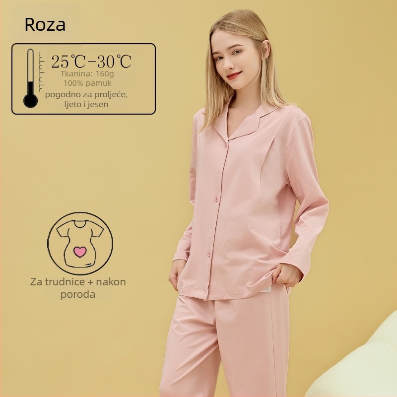 Materinstvo i postporođajno kućno odijelo od 100% pamuka, cardigan stil, s otvorom za dojenje, kvadratni izrez, dugi rukavi i hlače