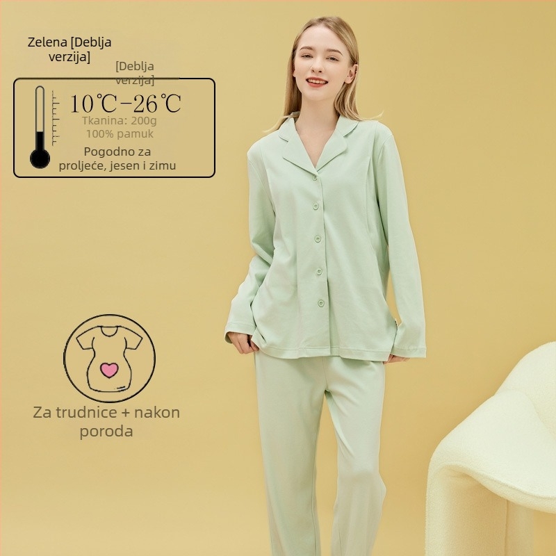 Materinstvo i postporođajno kućno odijelo od 100% pamuka, cardigan stil, s otvorom za dojenje, kvadratni izrez, dugi rukavi i hlače