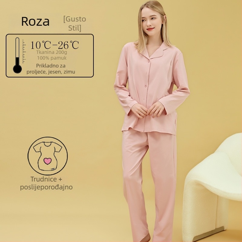 Materinstvo i postporođajno kućno odijelo od 100% pamuka, cardigan stil, s otvorom za dojenje, kvadratni izrez, dugi rukavi i hlače