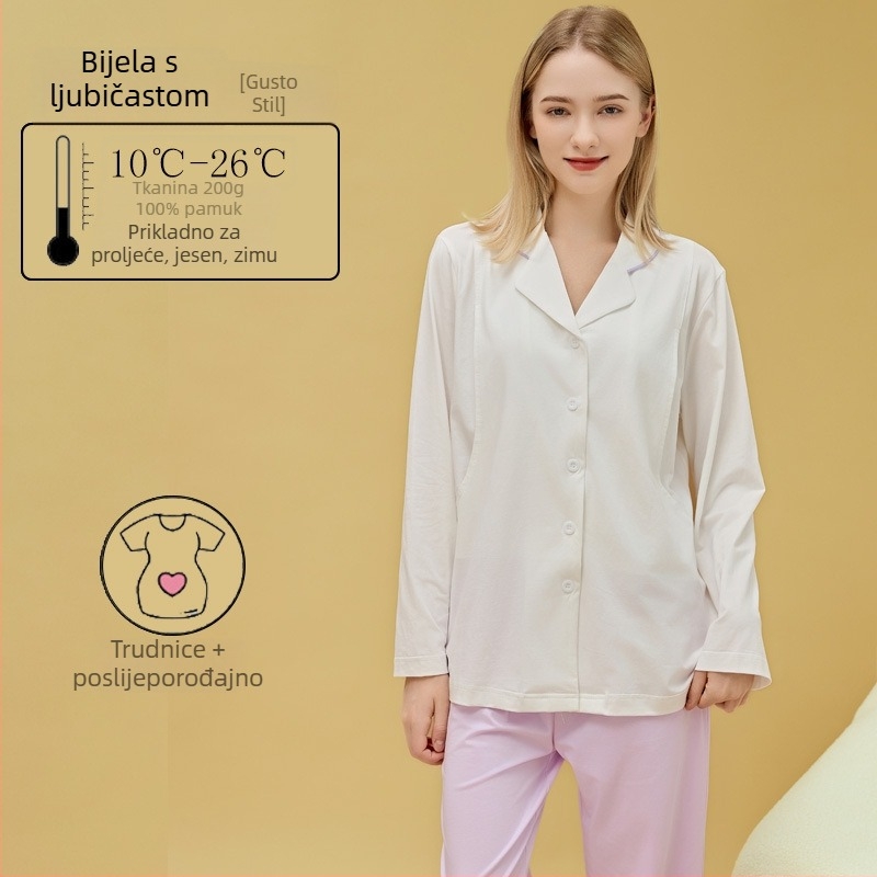 Materinstvo i postporođajno kućno odijelo od 100% pamuka, cardigan stil, s otvorom za dojenje, kvadratni izrez, dugi rukavi i hlače