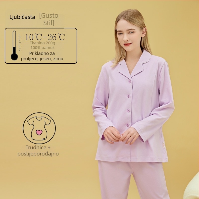 Materinstvo i postporođajno kućno odijelo od 100% pamuka, cardigan stil, s otvorom za dojenje, kvadratni izrez, dugi rukavi i hlače