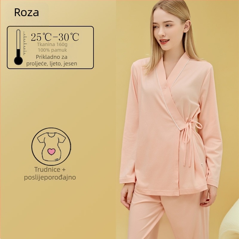 Materinstvo i postporođajno kućno odijelo od 100% pamuka, cardigan stil, s otvorom za dojenje, kvadratni izrez, dugi rukavi i hlače