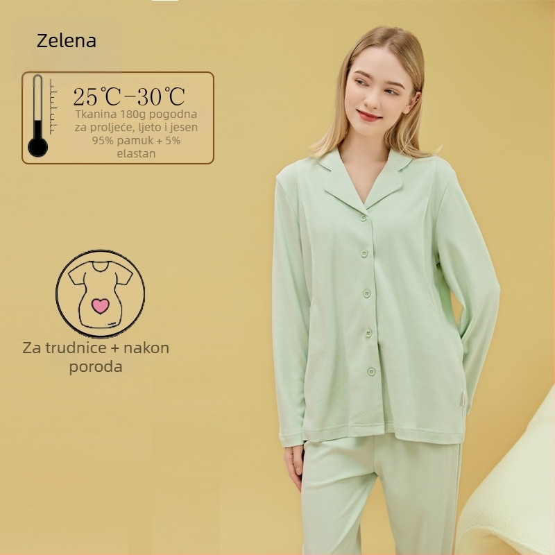 Materinstvo i postporođajno kućno odijelo od 100% pamuka, cardigan stil, s otvorom za dojenje, kvadratni izrez, dugi rukavi i hlače