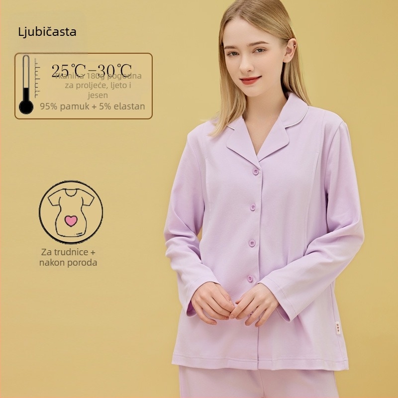 Materinstvo i postporođajno kućno odijelo od 100% pamuka, cardigan stil, s otvorom za dojenje, kvadratni izrez, dugi rukavi i hlače