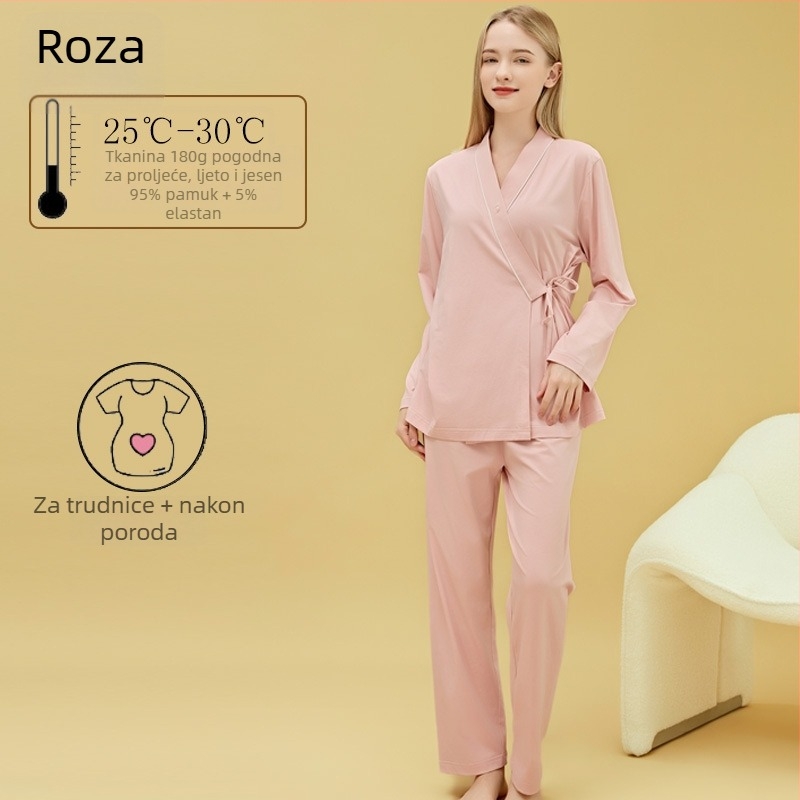 Materinstvo i postporođajno kućno odijelo od 100% pamuka, cardigan stil, s otvorom za dojenje, kvadratni izrez, dugi rukavi i hlače
