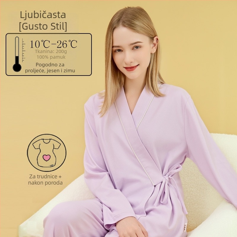 Materinstvo i postporođajno kućno odijelo od 100% pamuka, cardigan stil, s otvorom za dojenje, kvadratni izrez, dugi rukavi i hlače