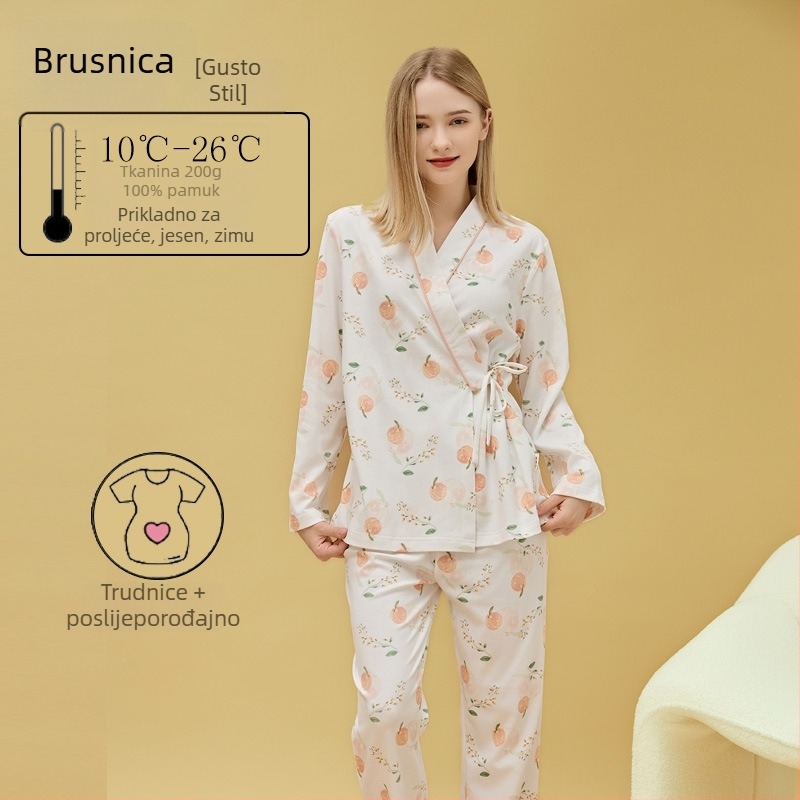 Materinstvo i postporođajno kućno odijelo od 100% pamuka, cardigan stil, s otvorom za dojenje, kvadratni izrez, dugi rukavi i hlače