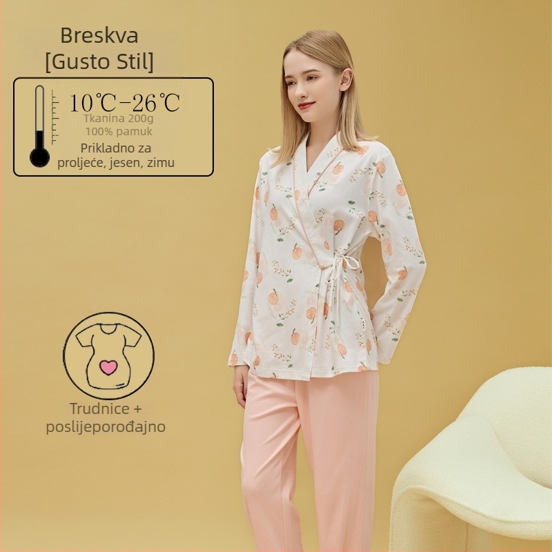 Materinstvo i postporođajno kućno odijelo od 100% pamuka, cardigan stil, s otvorom za dojenje, kvadratni izrez, dugi rukavi i hlače