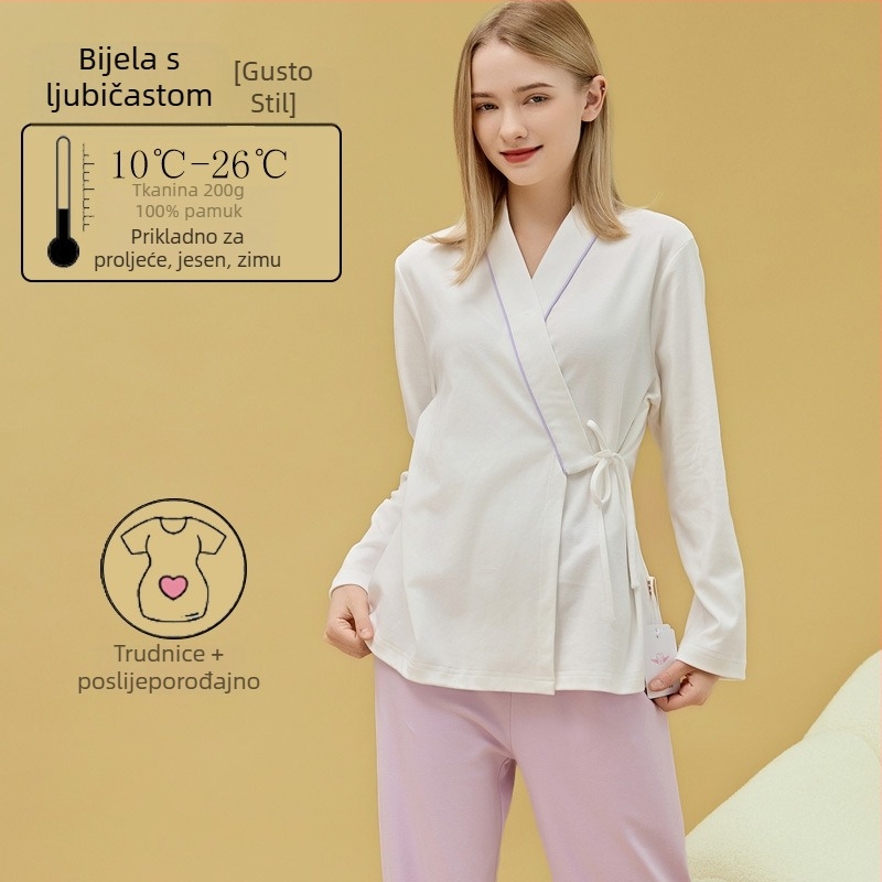 Materinstvo i postporođajno kućno odijelo od 100% pamuka, cardigan stil, s otvorom za dojenje, kvadratni izrez, dugi rukavi i hlače