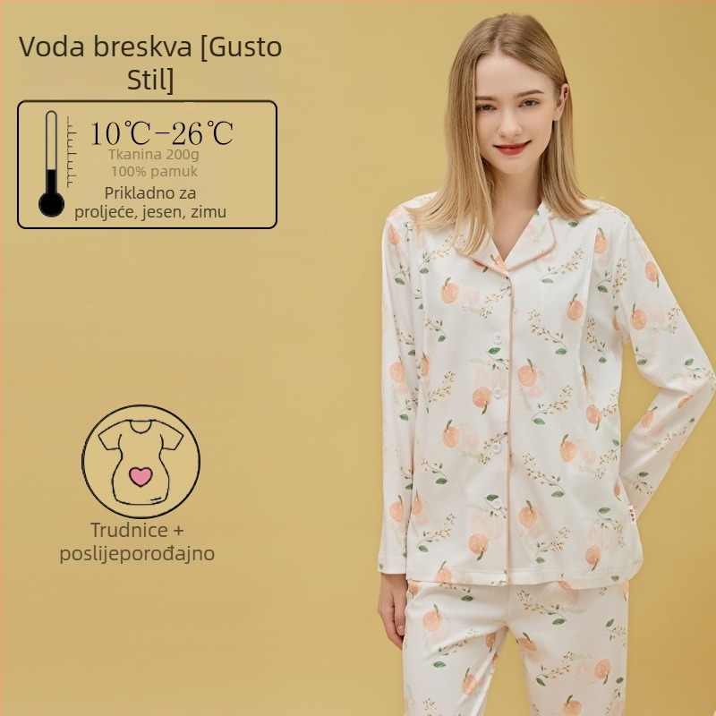 Materinstvo i postporođajno kućno odijelo od 100% pamuka, cardigan stil, s otvorom za dojenje, kvadratni izrez, dugi rukavi i hlače