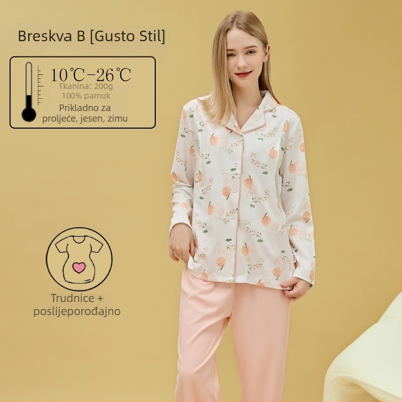 Materinstvo i postporođajno kućno odijelo od 100% pamuka, cardigan stil, s otvorom za dojenje, kvadratni izrez, dugi rukavi i hlače