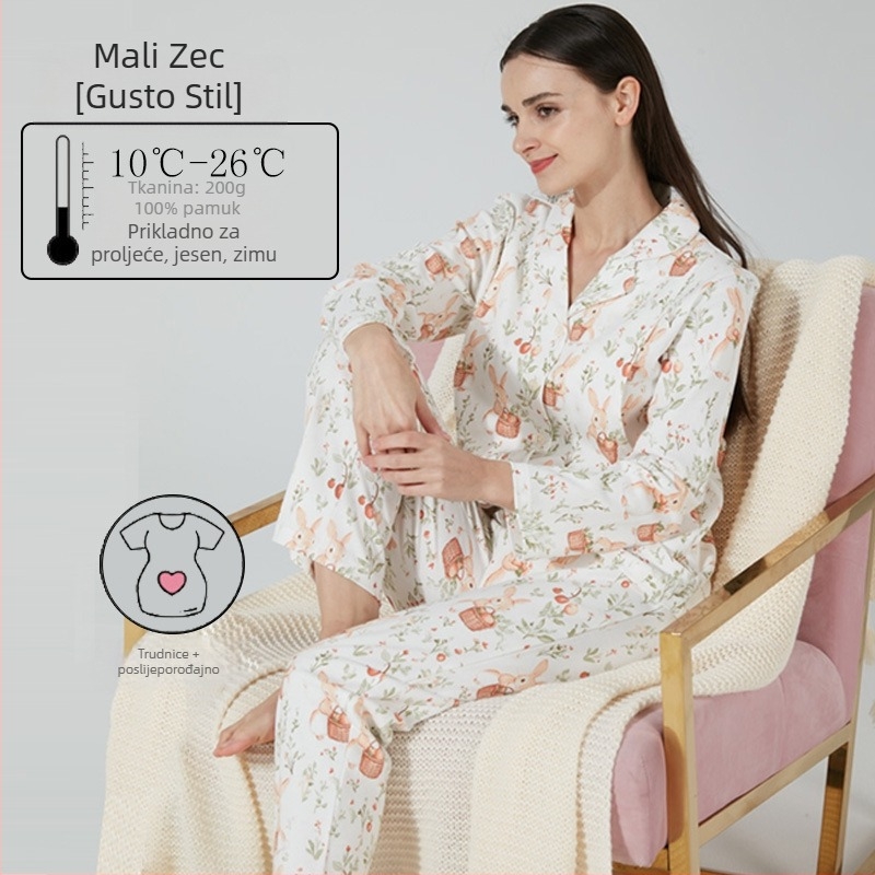 Materinstvo i postporođajno kućno odijelo od 100% pamuka, cardigan stil, s otvorom za dojenje, kvadratni izrez, dugi rukavi i hlače