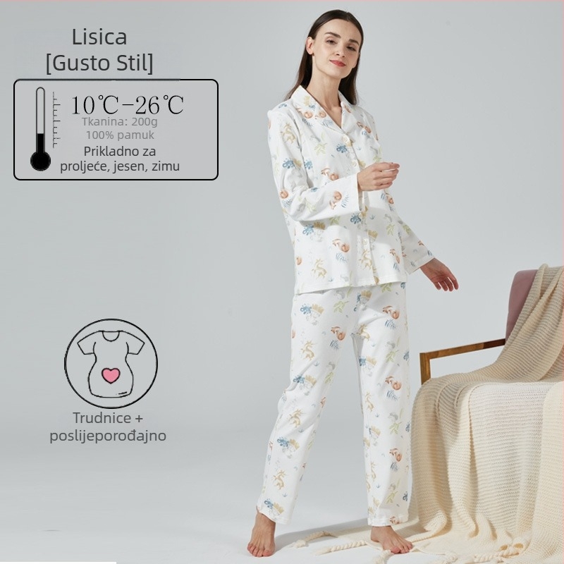 Materinstvo i postporođajno kućno odijelo od 100% pamuka, cardigan stil, s otvorom za dojenje, kvadratni izrez, dugi rukavi i hlače