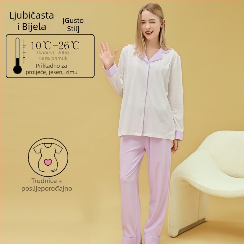 Materinstvo i postporođajno kućno odijelo od 100% pamuka, cardigan stil, s otvorom za dojenje, kvadratni izrez, dugi rukavi i hlače