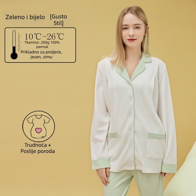 Materinstvo i postporođajno kućno odijelo od 100% pamuka, cardigan stil, s otvorom za dojenje, kvadratni izrez, dugi rukavi i hlače