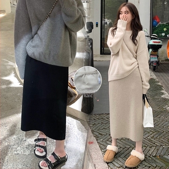 Trudnična uska pletena suknja, srednje duljine, uredski stil, jesen 2024