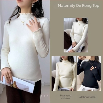 Trudničko majicu s dvostranim Chenille unutarnjim slojem za jesensko-zimsku toplinu, poluvisoki ovratnik, 3/4 rukavi, Spandex 50–70%