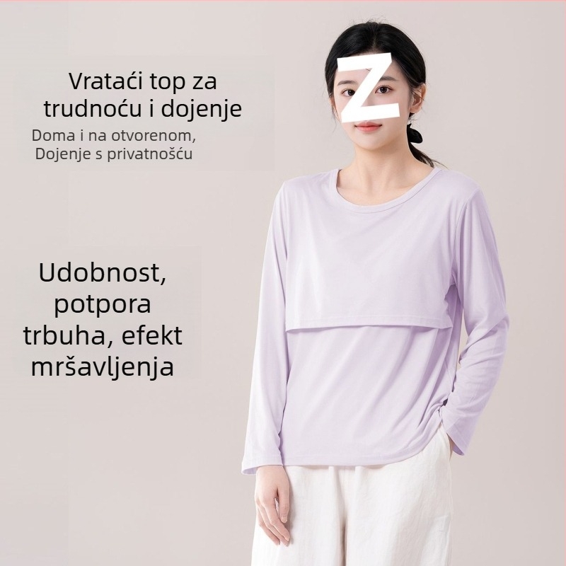 Trudnički top za dojenje, ležeran kroj, ovratnik s krznom, rukavi 3/4, chenille tkanina s 90–95% spandexa