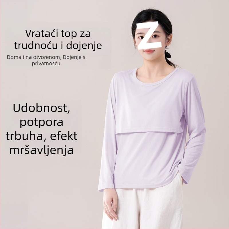 Trudnički top za dojenje, ležeran kroj, ovratnik s krznom, rukavi 3/4, chenille tkanina s 90–95% spandexa