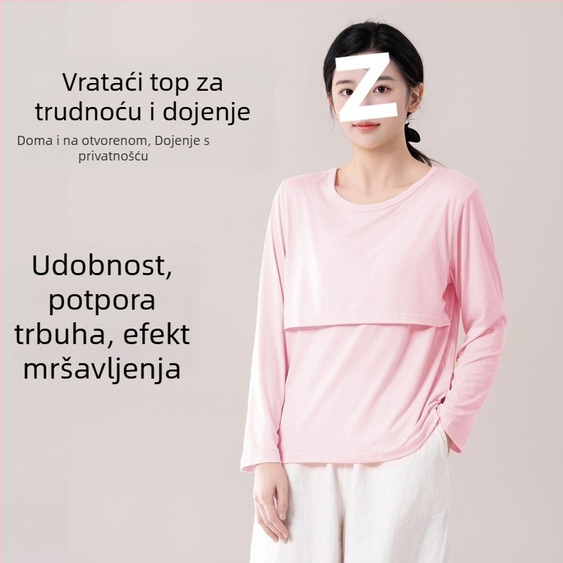 Trudnički top za dojenje, ležeran kroj, ovratnik s krznom, rukavi 3/4, chenille tkanina s 90–95% spandexa
