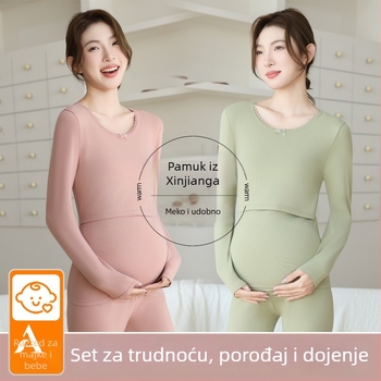 Pamukasti set za trudnoću za jesen-zimu: top s dugim rukavima i hlače s otvorom za dojenje, noćni set za majke