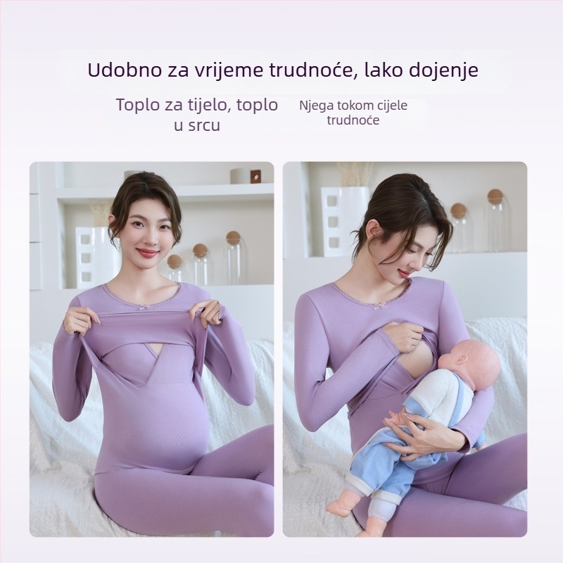 Pamukasti set za trudnoću za jesen-zimu: top s dugim rukavima i hlače s otvorom za dojenje, noćni set za majke