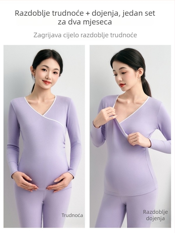 Pidžama set za trudnice i majke: jesen-zima, dugi rukav, gornji dio i hlače, 95% pamuk, termalno donje rublje