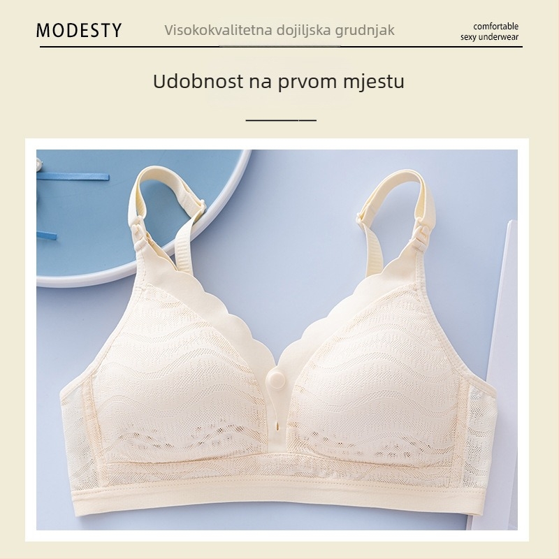 Materinski grudnjak s prednjim zatvaračem, bezšivna čipka, glavni materijal – najlon, tanke oblikovane košarice, pamuk podstava