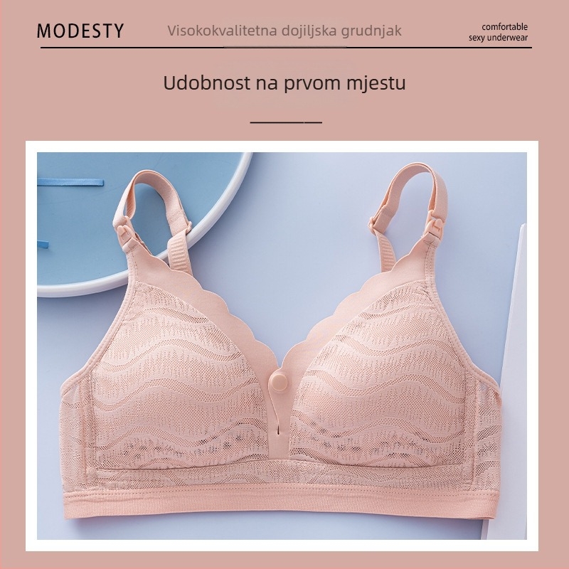 Materinski grudnjak s prednjim zatvaračem, bezšivna čipka, glavni materijal – najlon, tanke oblikovane košarice, pamuk podstava