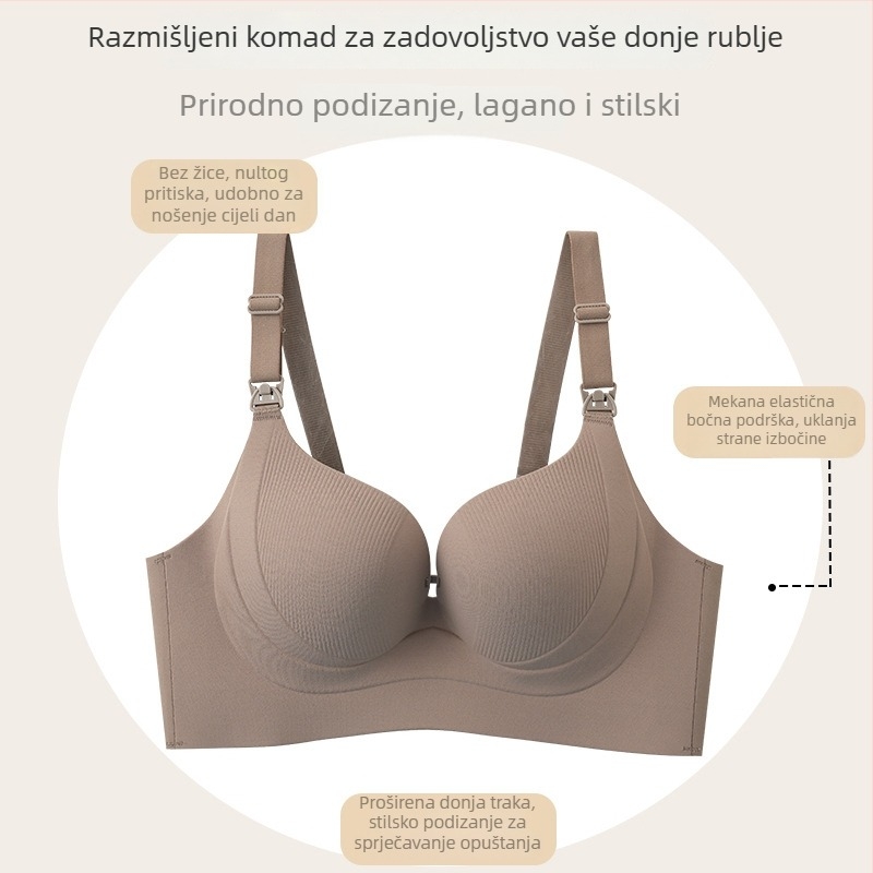 Trudnička dojilna grudnjica s prednjim zatvaračem, četiri reda stražnjih kopči, fiksne dvostruke naramenice, tanke oblikovane košarice, glavni materijal najlon 70-80%, podstava poliester 50-70%