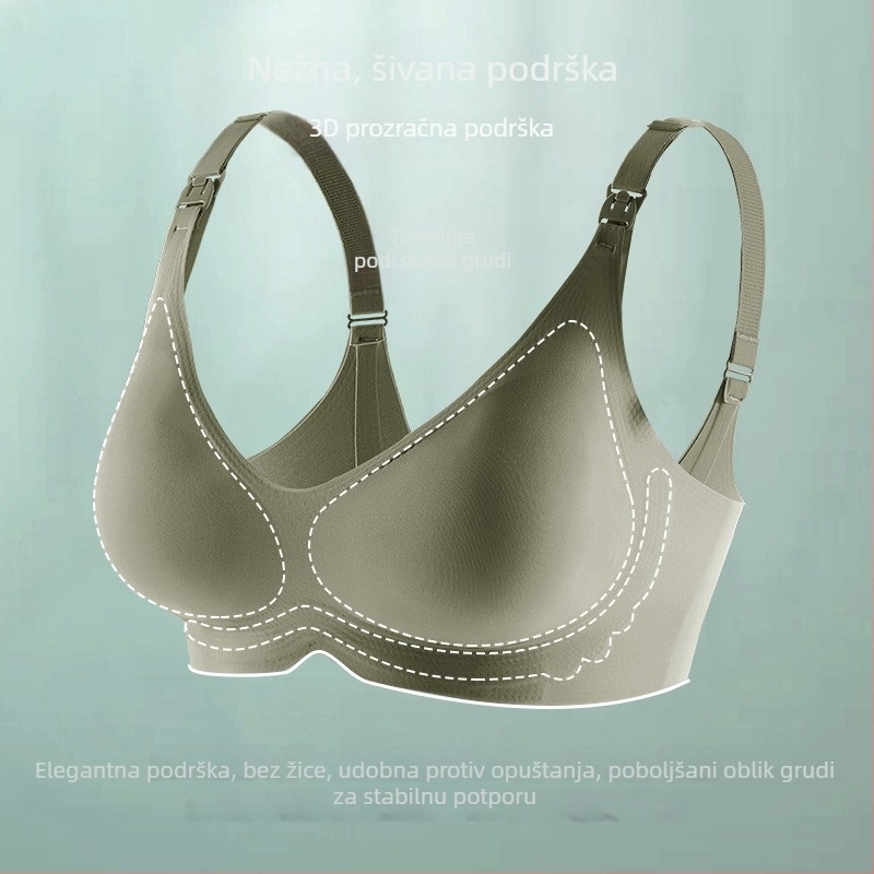 Grudnjak za dojenje za trudnoću – glavni materijal najlon, podstava od spandeksa (30–50%), oblikovane košarice s tenkim gornjim dijelom i debljim donjim, stražnje zatvaranje s tri reda kopči, fiksne dvostruke naramenice, dizajn od jednog komada