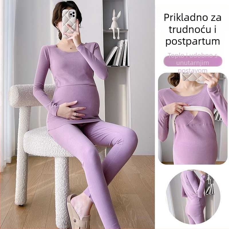 Termalni set za trudnice zimi za dojenje — dvostruki velvet, bezšivne tkanine, dugi rukavi s visokim ovratnikom