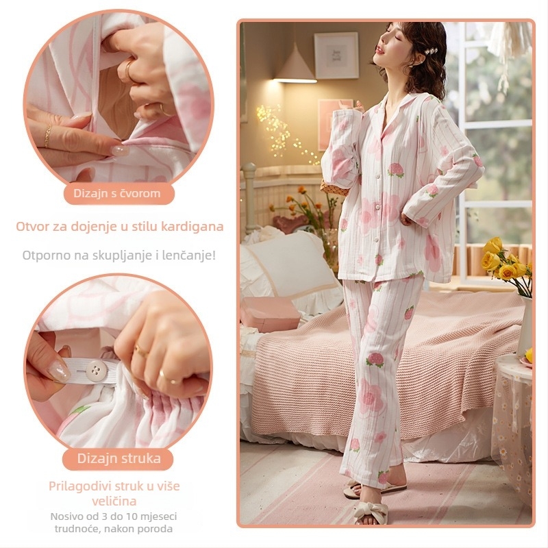 Set trudničkih pidžama od 100% pamuka, pamuk gazasto tkivo, upijanje znoja, pogodna za dojenje, dugi rukavi i hlače