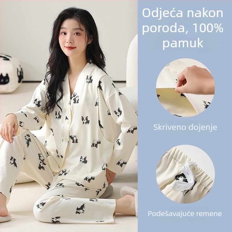 Set pamučnih pidžama za majčinstvo i dojenje – 100% pamuk, kimono stil, dugi rukav, hlače, srednja gustoća 181–200 g/m²