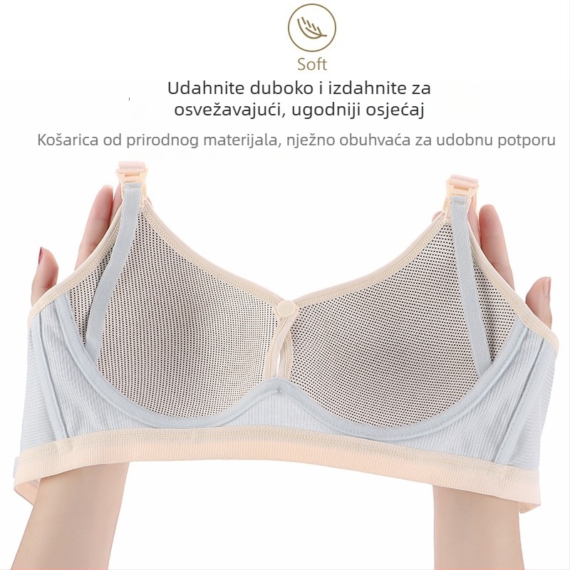 Grudnjak za dojenje bez žice, s prednjim zatvaranjem, prozračan materijal, tanke oblikovane košarice, stražnja četiri reda kopči