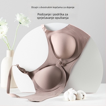 Bešiv grudnjak za trudnoću i dojenje s anti-sagging podizanjem i push-up efektom, prednje kopčanje, za sve faze trudnoće; materijal najlon s podstavom od spandeksa 30–50%; tanke oblikovane košarice; bez čeličnih šipki; fiksne dvostruke naramenice