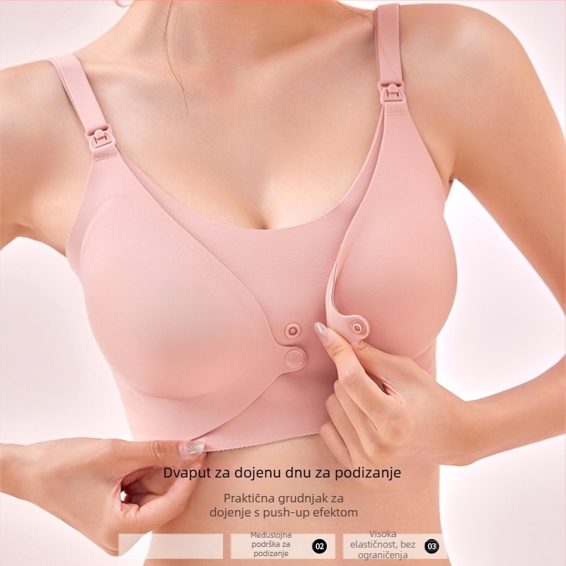 Bešiv grudnjak za trudnoću i dojenje s anti-sagging podizanjem i push-up efektom, prednje kopčanje, za sve faze trudnoće; materijal najlon s podstavom od spandeksa 30–50%; tanke oblikovane košarice; bez čeličnih šipki; fiksne dvostruke naramenice