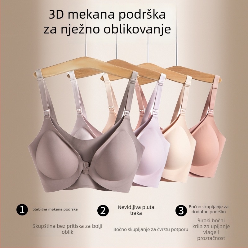 Bešiv grudnjak za trudnoću i dojenje s anti-sagging podizanjem i push-up efektom, prednje kopčanje, za sve faze trudnoće; materijal najlon s podstavom od spandeksa 30–50%; tanke oblikovane košarice; bez čeličnih šipki; fiksne dvostruke naramenice