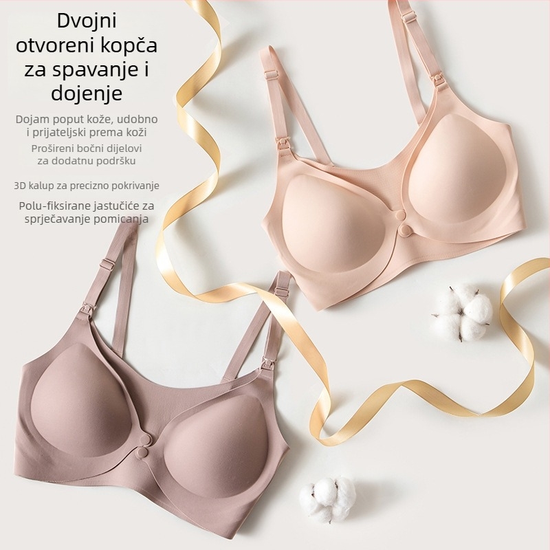 Bešiv grudnjak za trudnoću i dojenje s anti-sagging podizanjem i push-up efektom, prednje kopčanje, za sve faze trudnoće; materijal najlon s podstavom od spandeksa 30–50%; tanke oblikovane košarice; bez čeličnih šipki; fiksne dvostruke naramenice