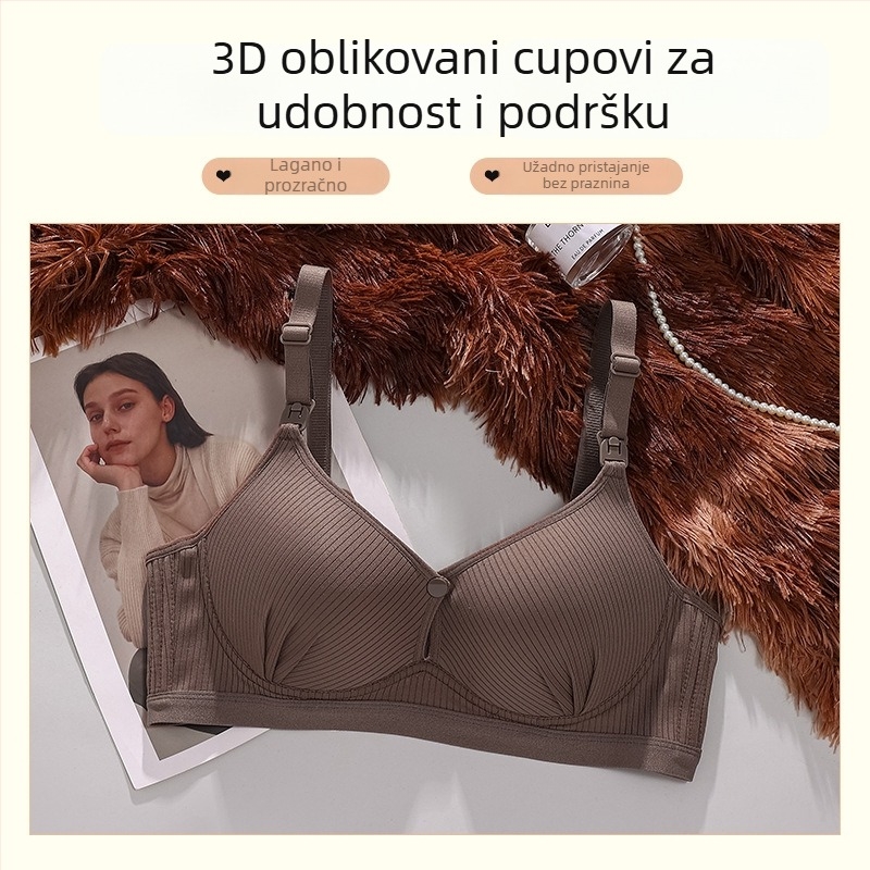 Dojenje grudnjaka od elastične prugaste tkanine, glavni materijal 70–80% poliester, tanke oblikovane košarice, bez čelične žice, fiksne dvostruke naramenice, stražnje zatvaranje s tri reda kopči.
