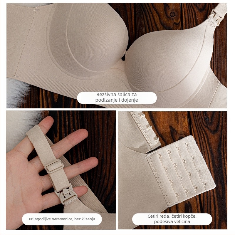 Sutien za dojenje s dizajnom od jednog dijela, tanki oblik košarice, fiksne dvostruke naramenice, stražnji kopčanje s četiri reda, najlon tkanina s glavnim sadržajem pamuka 70-80% i podstava pamuk 50-70%.