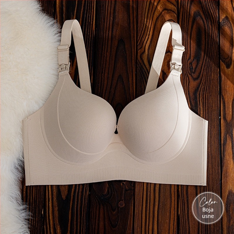 Sutien za dojenje s dizajnom od jednog dijela, tanki oblik košarice, fiksne dvostruke naramenice, stražnji kopčanje s četiri reda, najlon tkanina s glavnim sadržajem pamuka 70-80% i podstava pamuk 50-70%.
